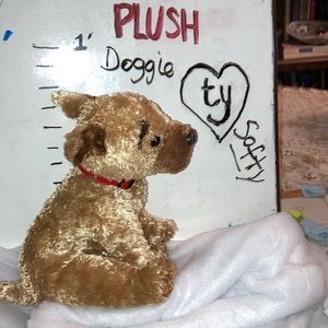 Softy Plush Doggie TY co. 12” Lite Brown Plastic Red Collar Hard Plastic Nose